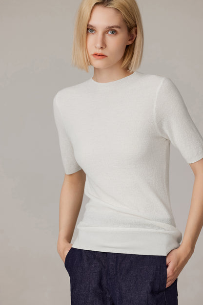 Women's Merino Silk Short Sleeve Funnel Neck Top in Cream by JENNIE LIU
