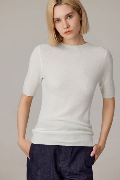 Women's Merino Silk Short Sleeve Funnel Neck Top in Cream by JENNIE LIU