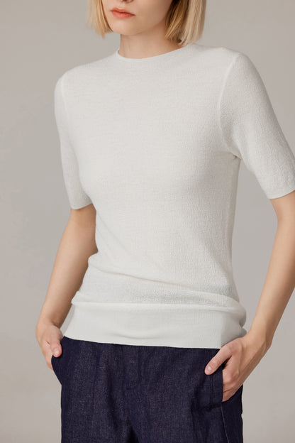 Women's Merino Silk Short Sleeve Funnel Neck Top in Cream by JENNIE LIU