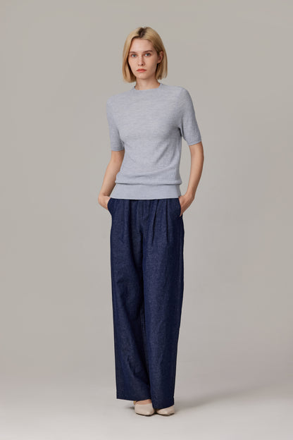Women's Merino Silk Short Sleeve Funnel Neck Top in Grey by JENNIE LIU