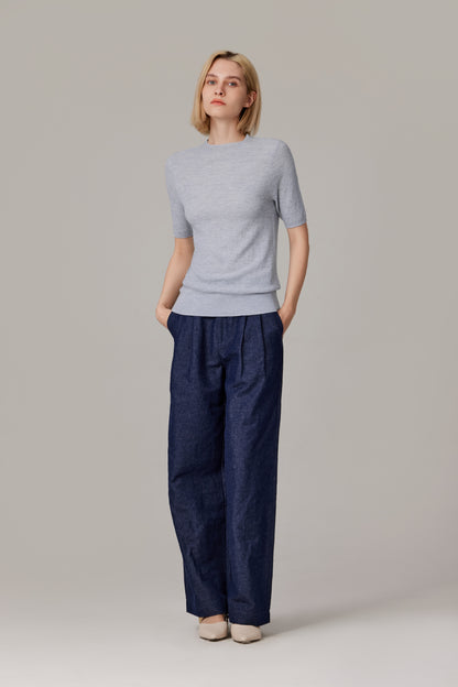 Women's Merino Silk Short Sleeve Funnel Neck Top in Grey by JENNIE LIU