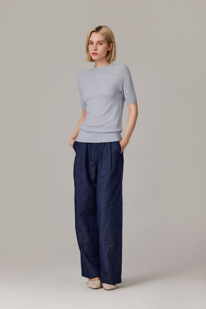 Women's Merino Silk Short Sleeve Funnel Neck Top in Grey by JENNIE LIU
