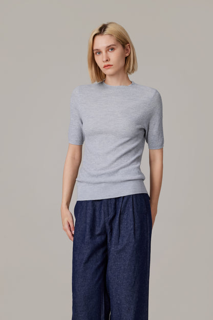 Women's Merino Silk Short Sleeve Funnel Neck Top in Grey by JENNIE LIU