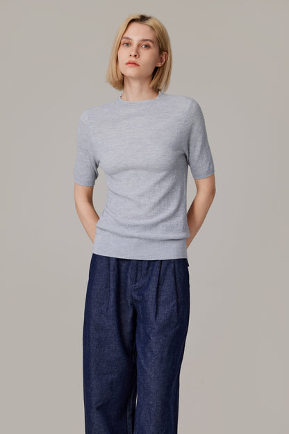 Women's Merino Silk Short Sleeve Funnel Neck Top in Grey by JENNIE LIU