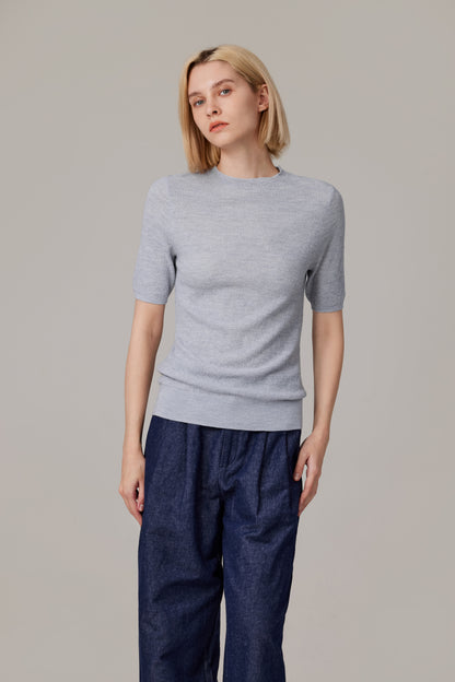 Women's Merino Silk Short Sleeve Funnel Neck Top in Grey by JENNIE LIU