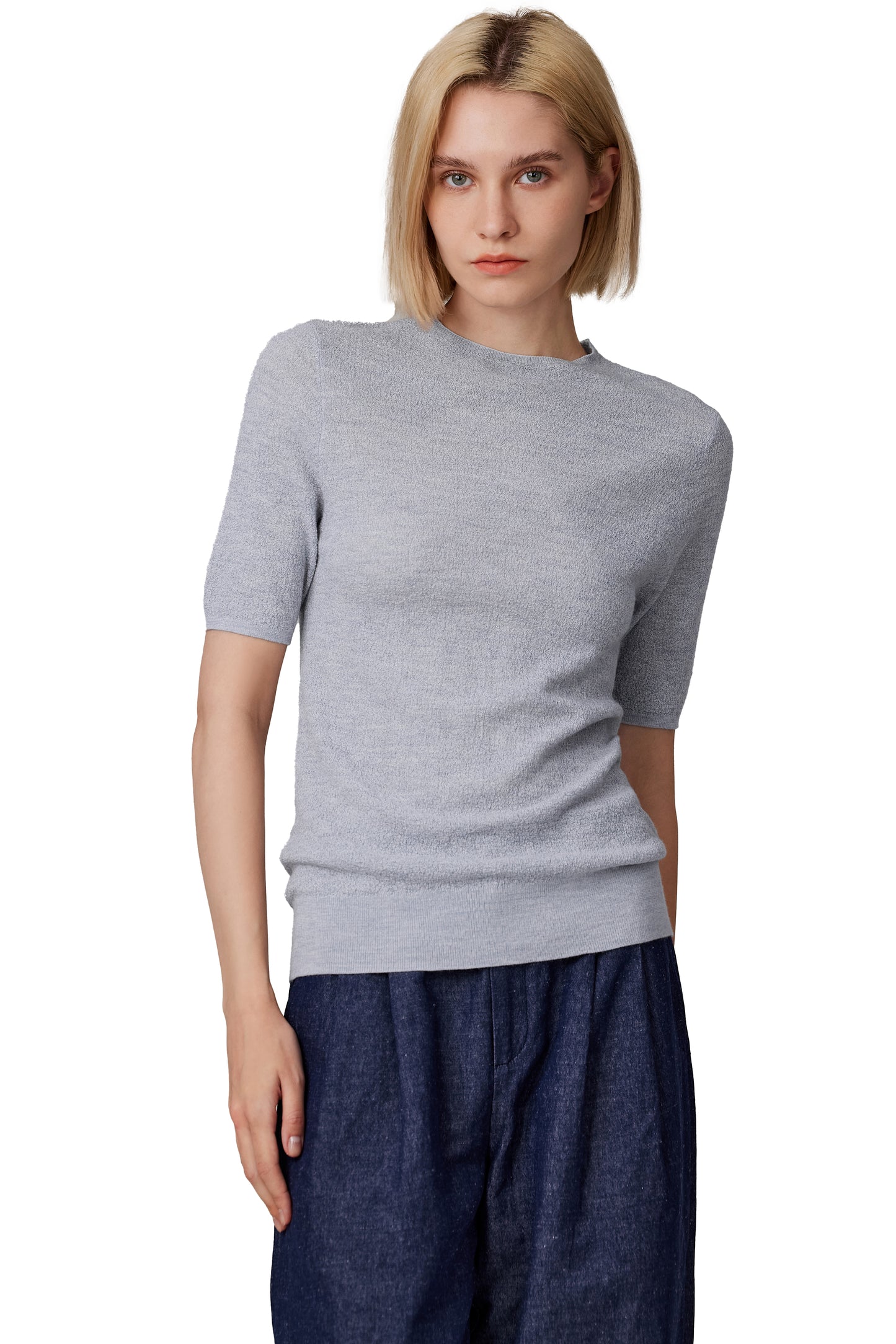 JENNIE LIU Women's Funnel Neck Short Sleeve Sweater | 75% Merino Wool 25% Silk Ultra Soft Fine-gauge Knit Top | Machine Washable