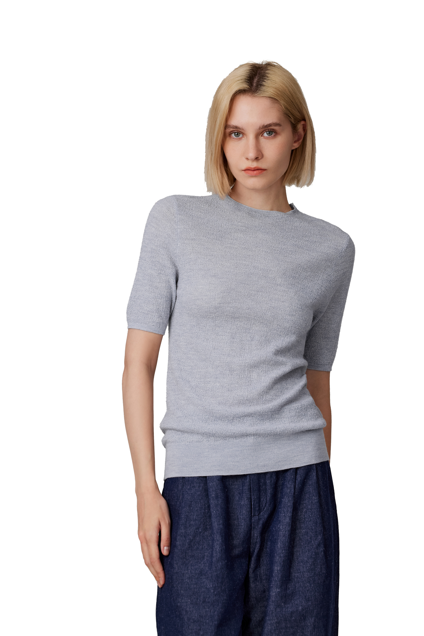JENNIE LIU Women's Funnel Neck Short Sleeve Sweater | 75% Merino Wool 25% Silk Ultra Soft Fine-gauge Knit Top | Machine Washable