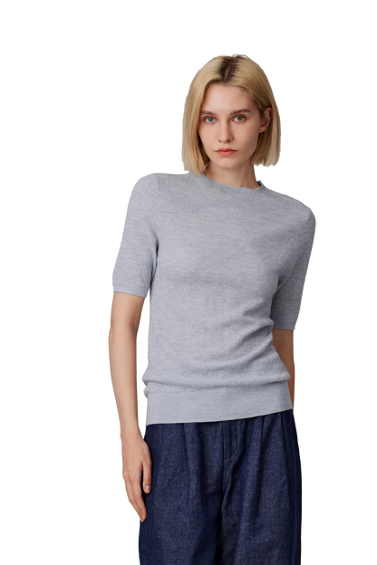 Women's Merino Silk Short Sleeve Funnel Neck Top in Grey by JENNIE LIU