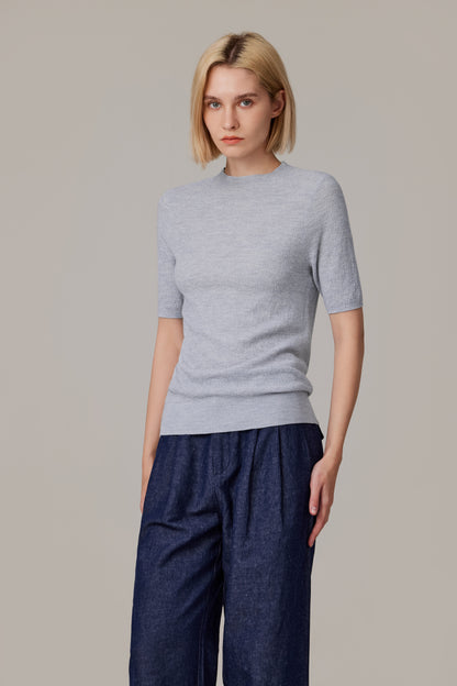 Women's Merino Silk Short Sleeve Funnel Neck Top in Grey by JENNIE LIU
