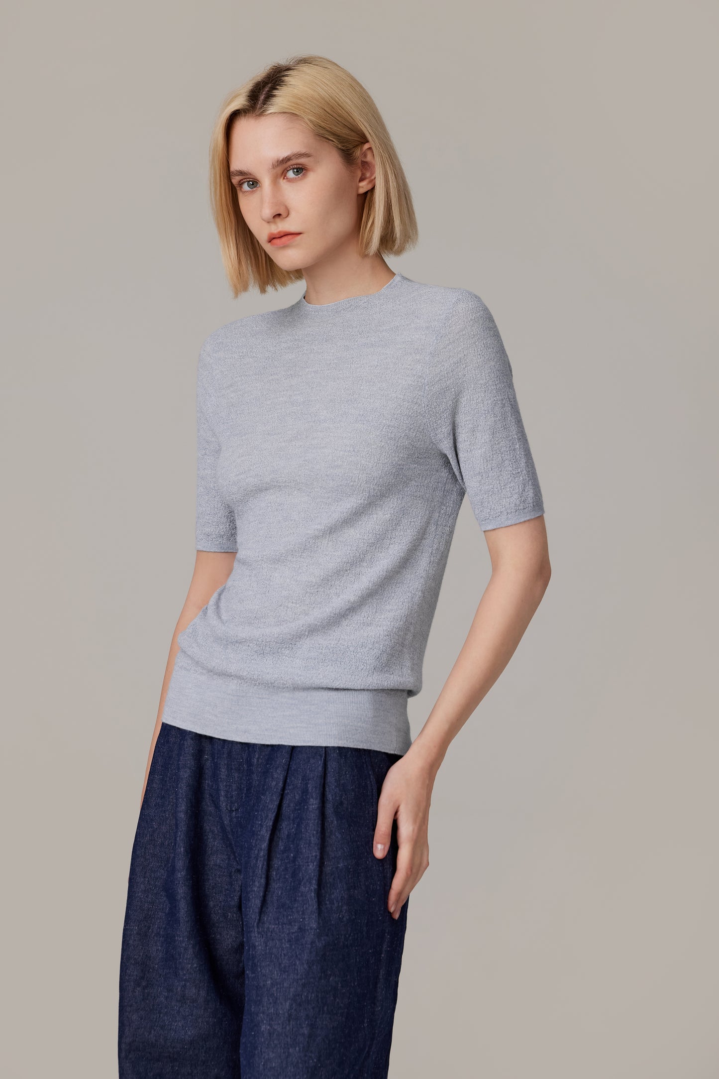 JENNIE LIU Women's Funnel Neck Short Sleeve Sweater | 75% Merino Wool 25% Silk Ultra Soft Fine-gauge Knit Top | Machine Washable