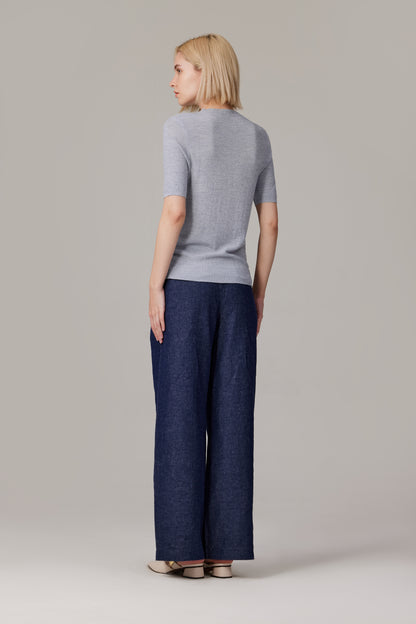 Women's Merino Silk Short Sleeve Funnel Neck Top in Grey by JENNIE LIU