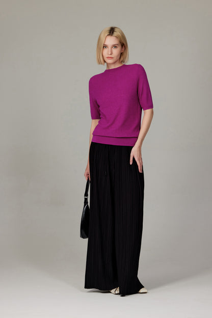 Women's Merino Silk Short Sleeve Funnel Neck Top in Magenta by JENNIE LIU