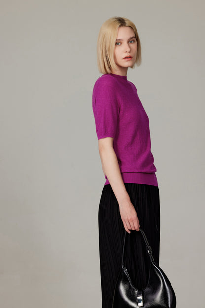 Women's Merino Silk Short Sleeve Funnel Neck Top in Magenta by JENNIE LIU