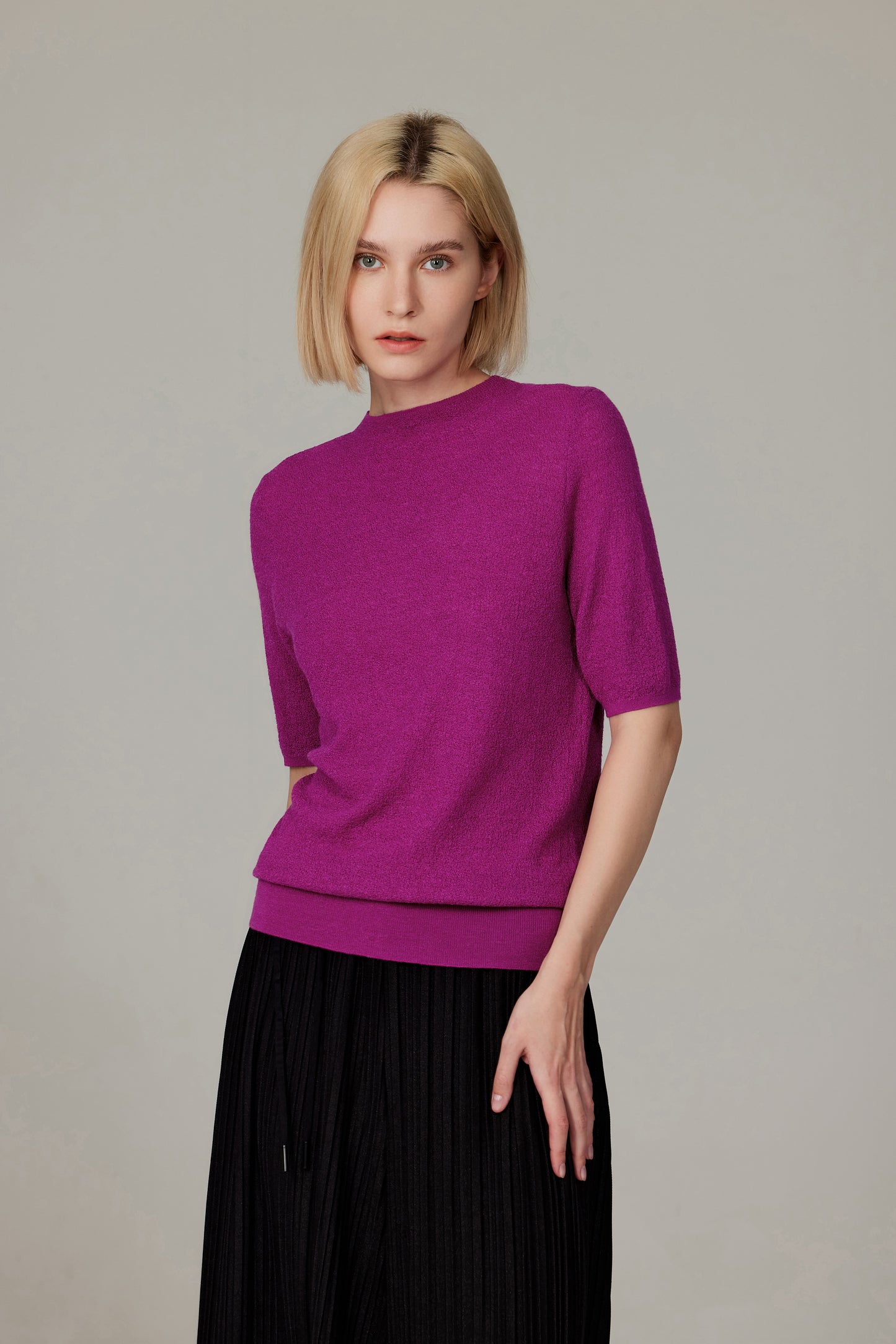 JENNIE LIU Women's Funnel Neck Short Sleeve Sweater | 75% Merino Wool 25% Silk Ultra Soft Fine-gauge Knit Top | Machine Washable