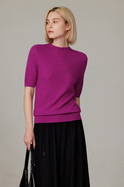 Women's Merino Silk Short Sleeve Funnel Neck Top in Magenta by JENNIE LIU