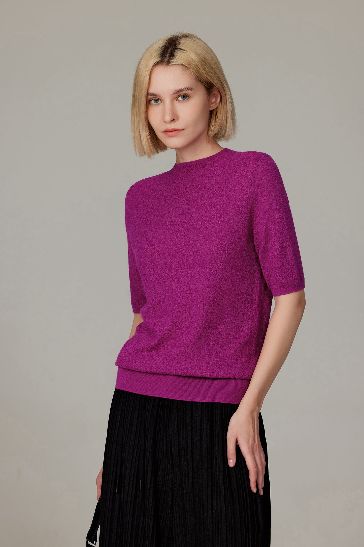 JENNIE LIU Women's Funnel Neck Short Sleeve Sweater | 75% Merino Wool 25% Silk Ultra Soft Fine-gauge Knit Top | Machine Washable