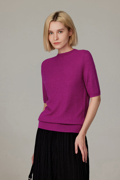 Women's Merino Silk Short Sleeve Funnel Neck Top in Magenta by JENNIE LIU