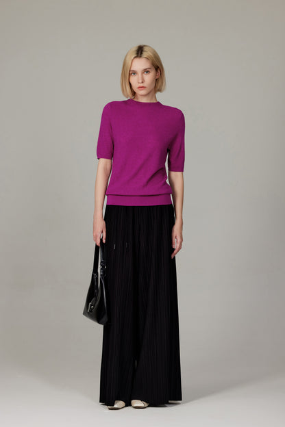 Women's Merino Silk Short Sleeve Funnel Neck Top in Magenta by JENNIE LIU
