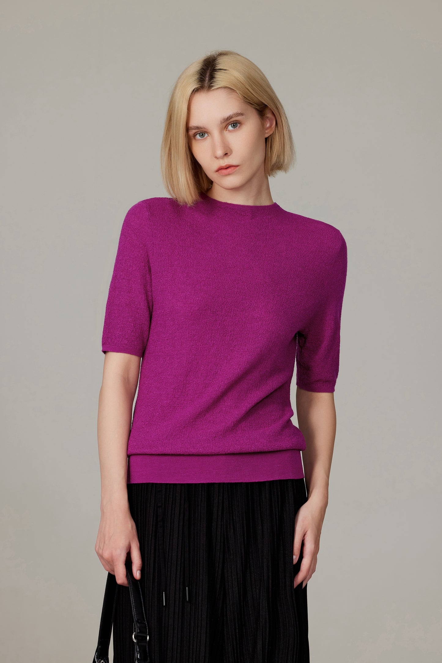 JENNIE LIU Women's Funnel Neck Short Sleeve Sweater | 75% Merino Wool 25% Silk Ultra Soft Fine-gauge Knit Top | Machine Washable