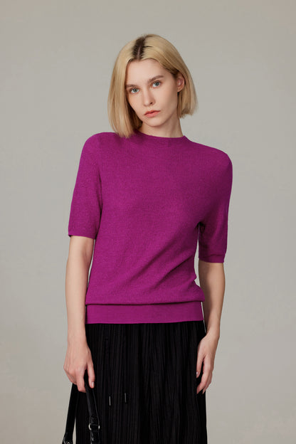Women's Merino Silk Short Sleeve Funnel Neck Top in Magenta by JENNIE LIU
