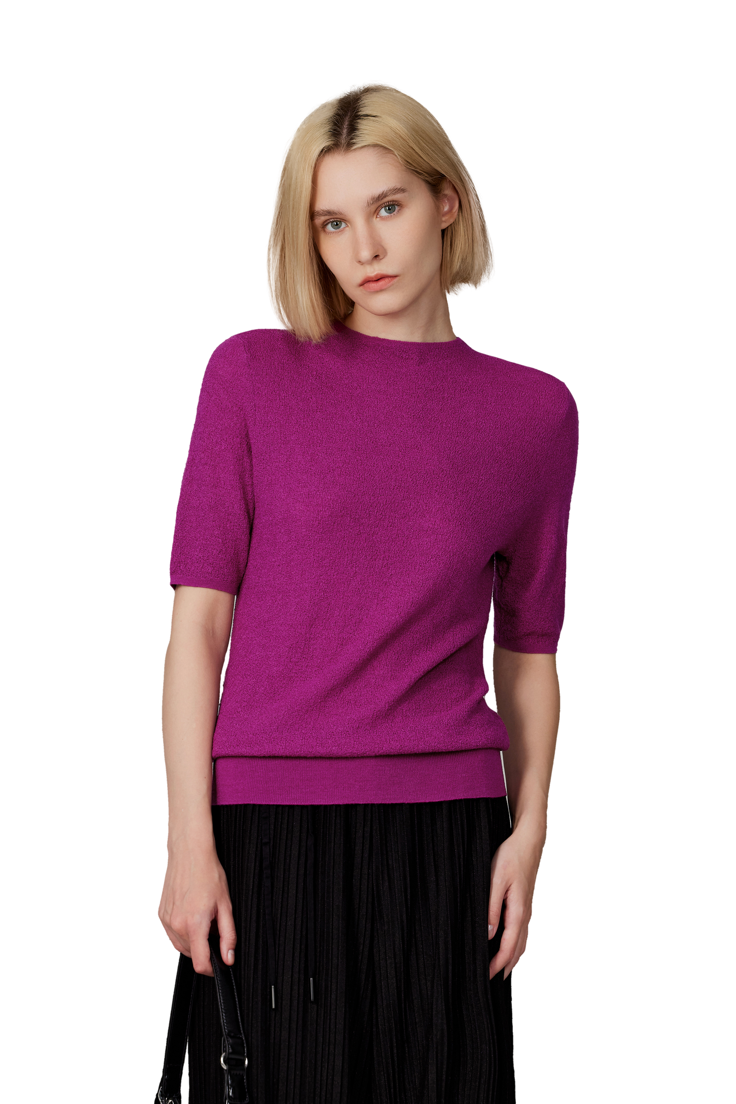 JENNIE LIU Women's Funnel Neck Short Sleeve Sweater | 75% Merino Wool 25% Silk Ultra Soft Fine-gauge Knit Top | Machine Washable