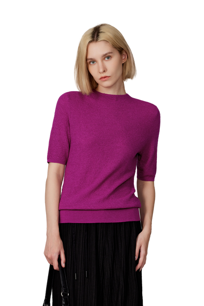 Women's Merino Silk Short Sleeve Funnel Neck Top in Magenta by JENNIE LIU