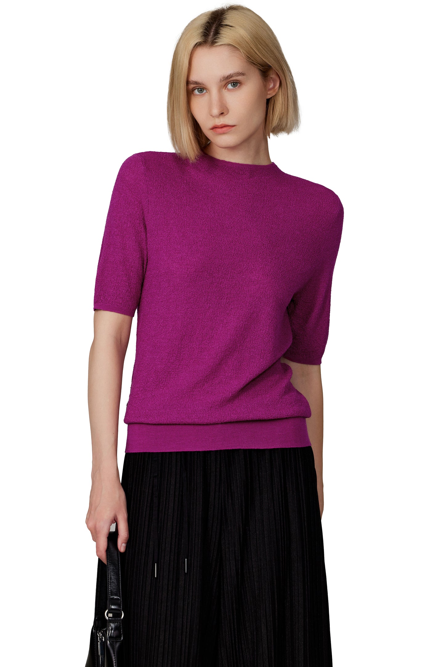 JENNIE LIU Women's Funnel Neck Short Sleeve Sweater | 75% Merino Wool 25% Silk Ultra Soft Fine-gauge Knit Top | Machine Washable