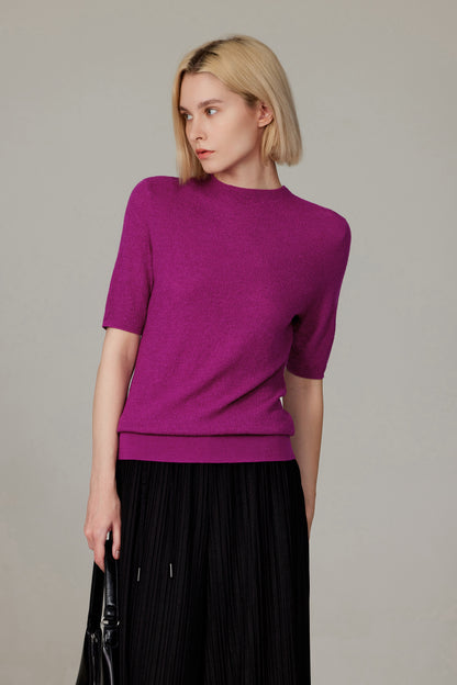 Women's Merino Silk Short Sleeve Funnel Neck Top in Magenta by JENNIE LIU