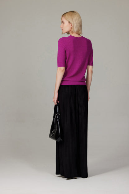 Women's Merino Silk Short Sleeve Funnel Neck Top in Magenta by JENNIE LIU