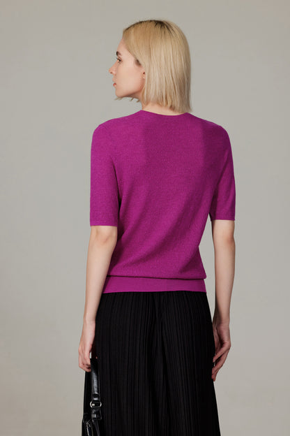 Women's Merino Silk Short Sleeve Funnel Neck Top in Magenta by JENNIE LIU