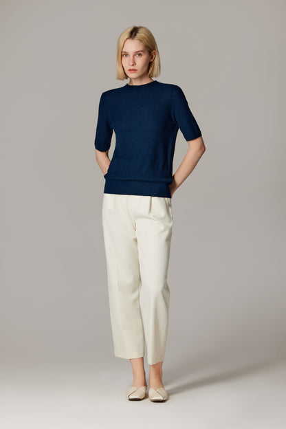 Women's Merino Silk Short Sleeve Funnel Neck Top in Navy by JENNIE LIU