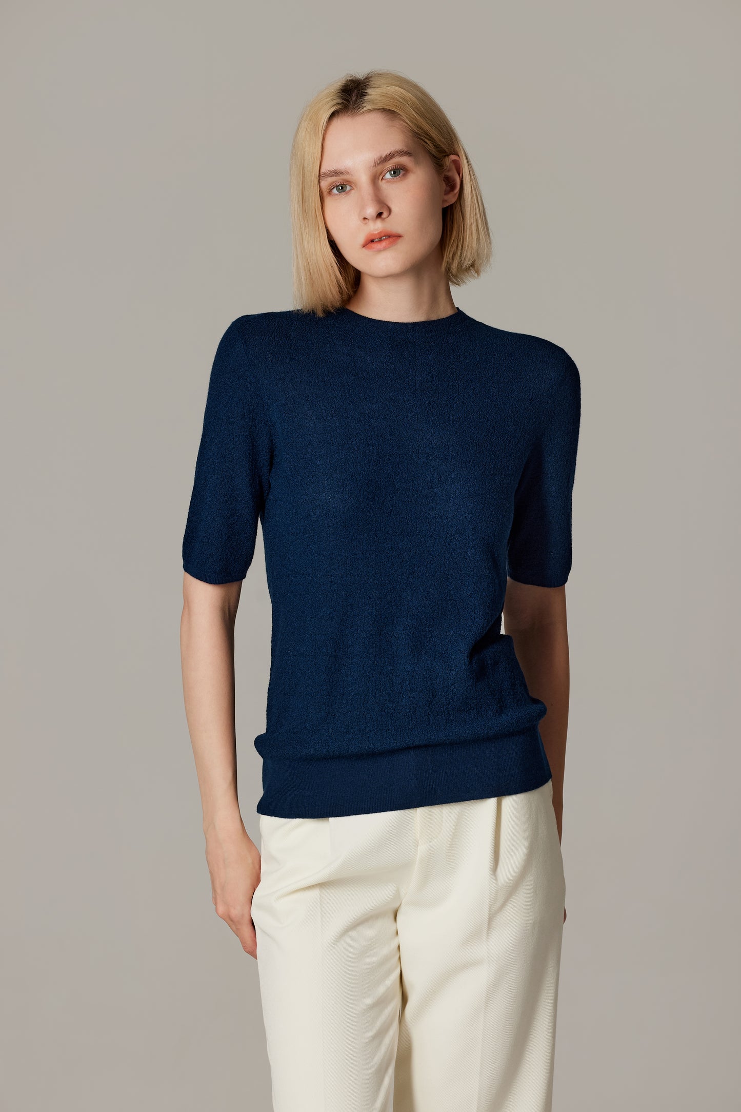 JENNIE LIU Women's Funnel Neck Short Sleeve Sweater | 75% Merino Wool 25% Silk Ultra Soft Fine-gauge Knit Top | Machine Washable