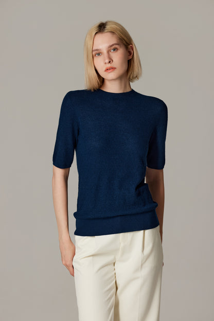 Women's Merino Silk Short Sleeve Funnel Neck Top in Navy by JENNIE LIU