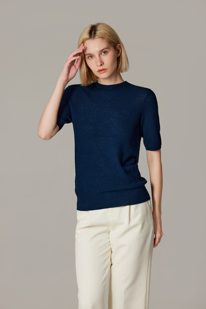 Women's Merino Silk Short Sleeve Funnel Neck Top in Navy by JENNIE LIU