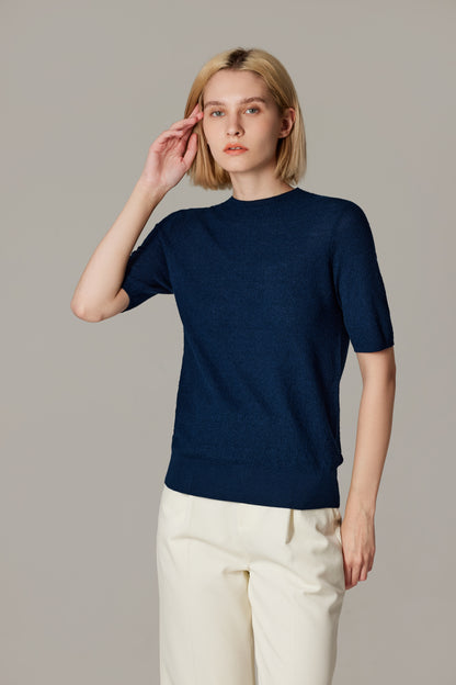 Women's Merino Silk Short Sleeve Funnel Neck Top in Navy by JENNIE LIU
