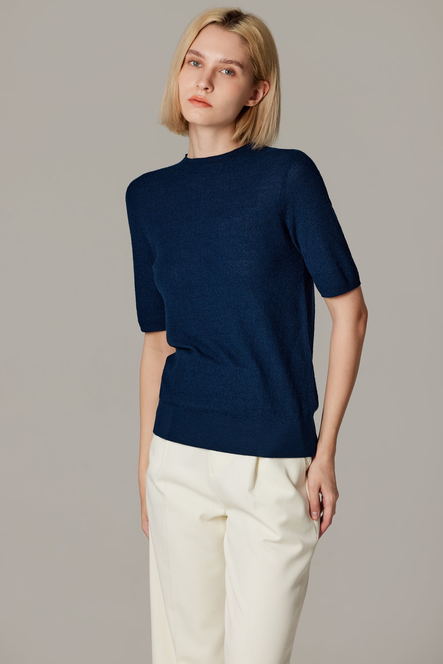 JENNIE LIU Women's Funnel Neck Short Sleeve Sweater | 75% Merino Wool 25% Silk Ultra Soft Fine-gauge Knit Top | Machine Washable
