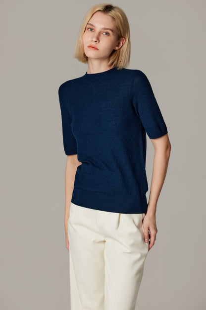Women's Merino Silk Short Sleeve Funnel Neck Top in Navy by JENNIE LIU