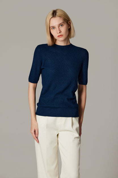 Women's Merino Silk Short Sleeve Funnel Neck Top in Navy by JENNIE LIU
