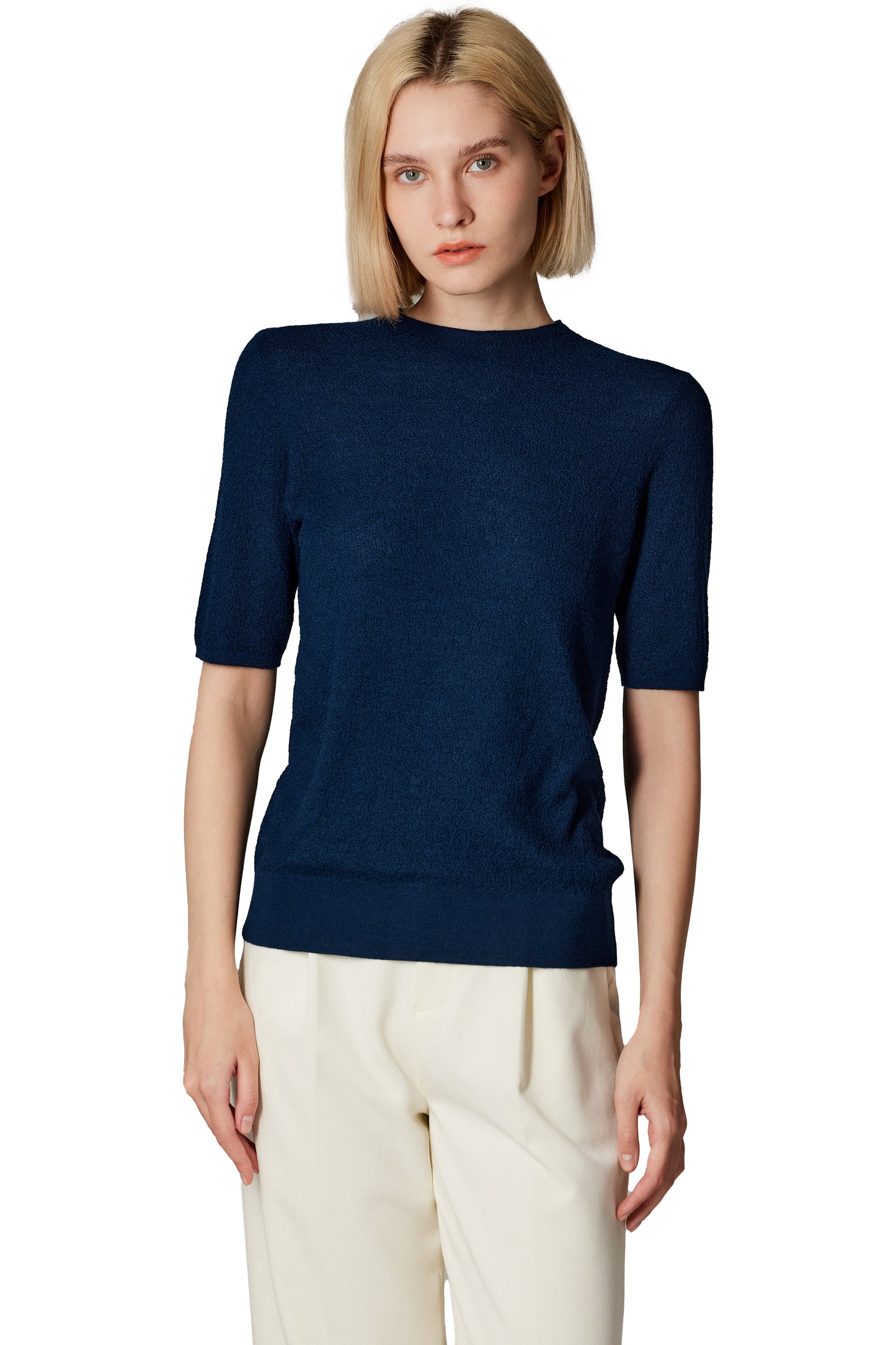 JENNIE LIU Women's Funnel Neck Short Sleeve Sweater | 75% Merino Wool 25% Silk Ultra Soft Fine-gauge Knit Top | Machine Washable