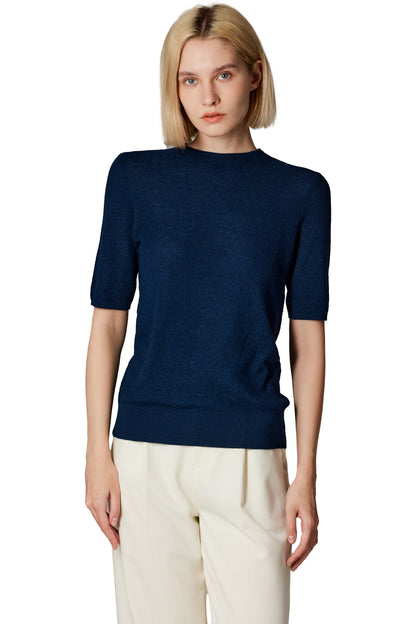 Women's Merino Silk Short Sleeve Funnel Neck Top in Navy by JENNIE LIU