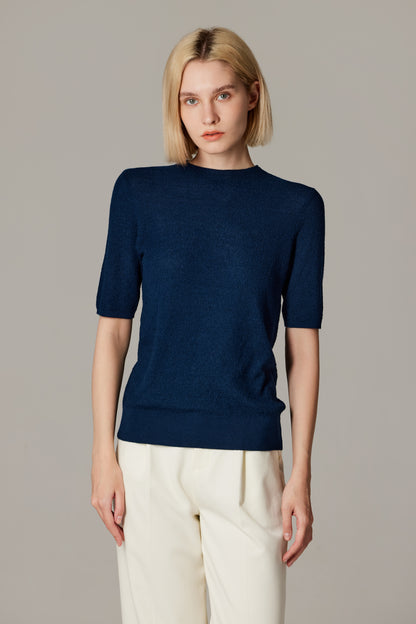 Women's Merino Silk Short Sleeve Funnel Neck Top in Navy by JENNIE LIU