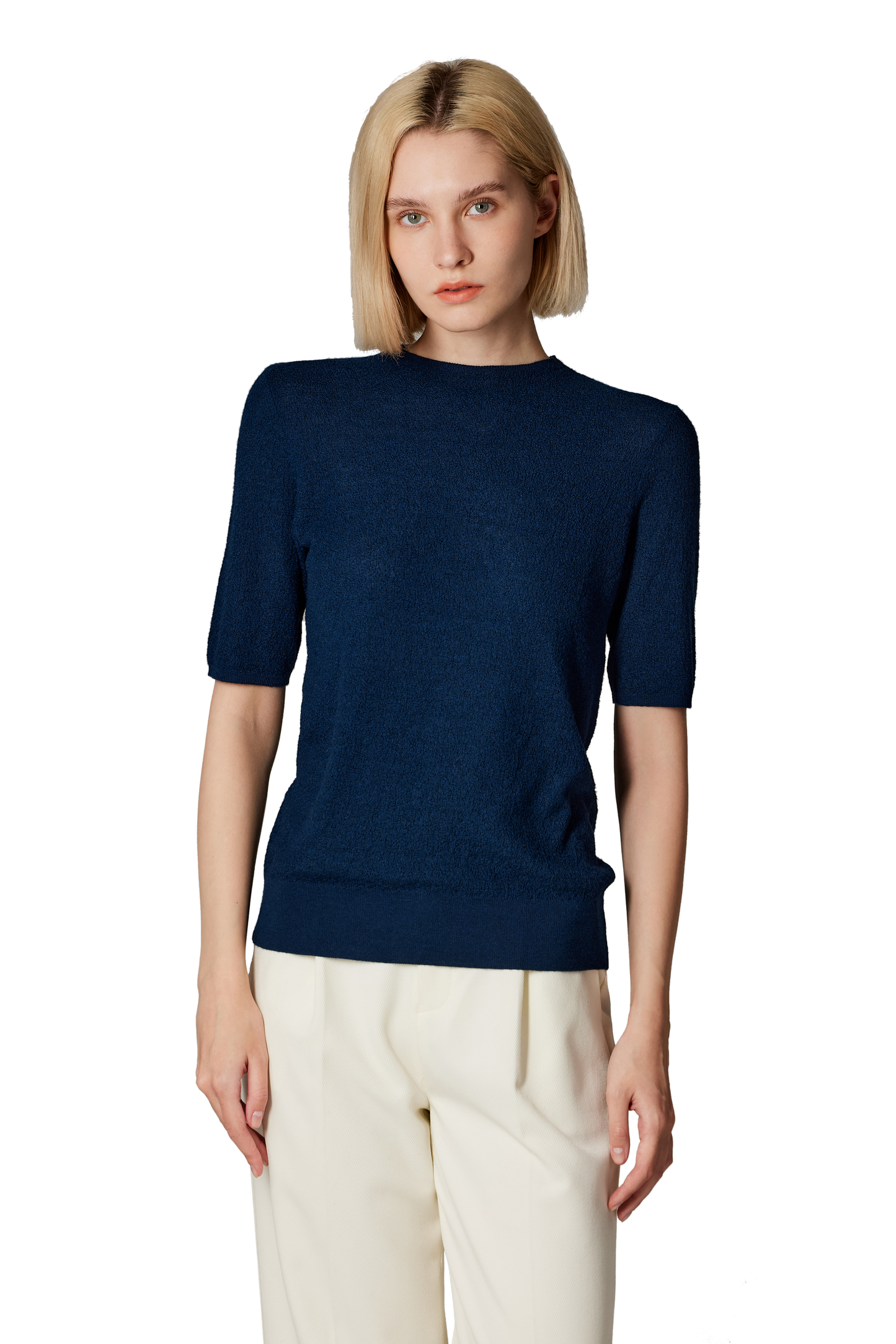 JENNIE LIU Women's Funnel Neck Short Sleeve Sweater | 75% Merino Wool 25% Silk Ultra Soft Fine-gauge Knit Top | Machine Washable