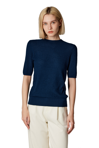 Women's Merino Silk Short Sleeve Funnel Neck Top in Navy by JENNIE LIU