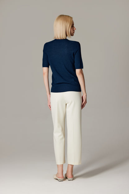 Women's Merino Silk Short Sleeve Funnel Neck Top in Navy by JENNIE LIU