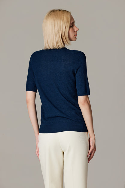 Women's Merino Silk Short Sleeve Funnel Neck Top in Navy by JENNIE LIU