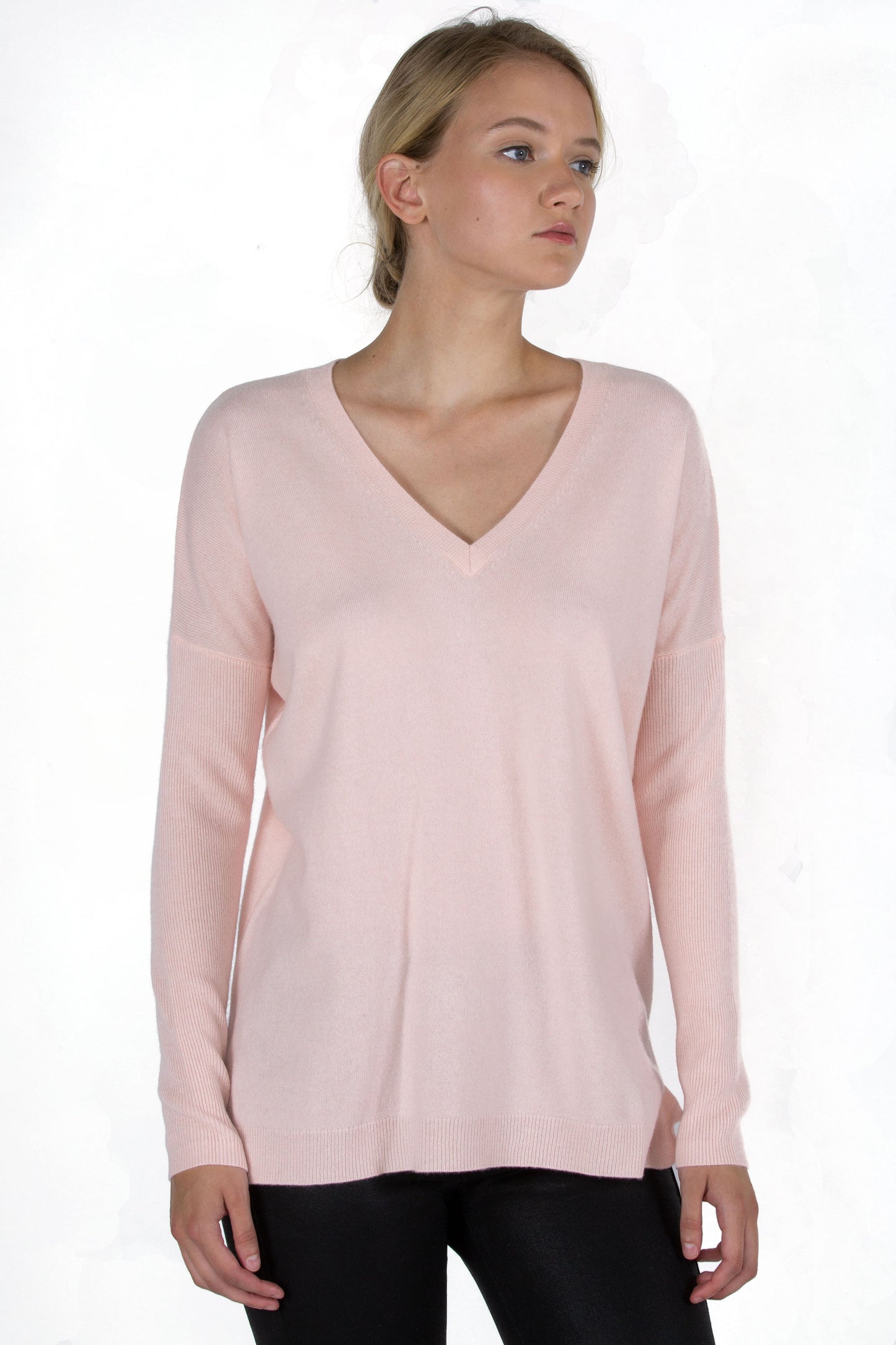 J CASHMERE Women's 100% Cashmere Slouchy Dolman Sleeve Double V Neck Sweater