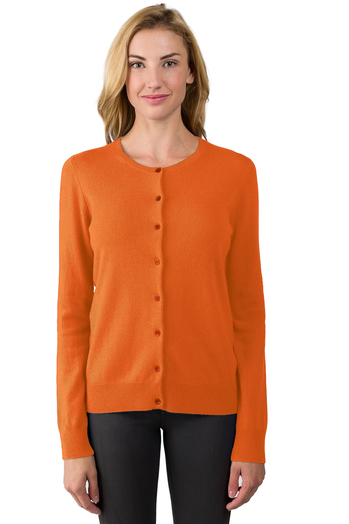 JENNIE LIU Women's 100% Cashmere Button Front Long Sleeve Crewneck Cardigan Sweater