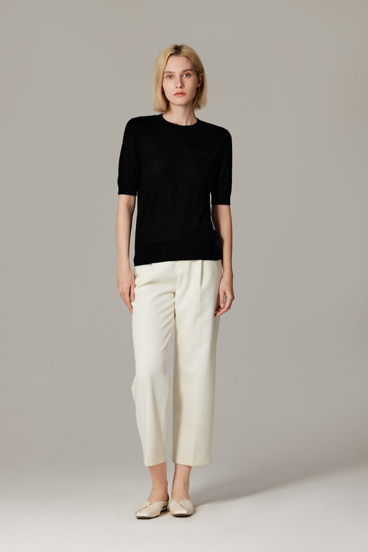 JENNIE LIU Women's Tissue Weight 75% Merino Wool 25% Silk Crew Neck Short Sleeve T Shirt Sweater | Ultra Soft Machine-Washable Sweaters for Women