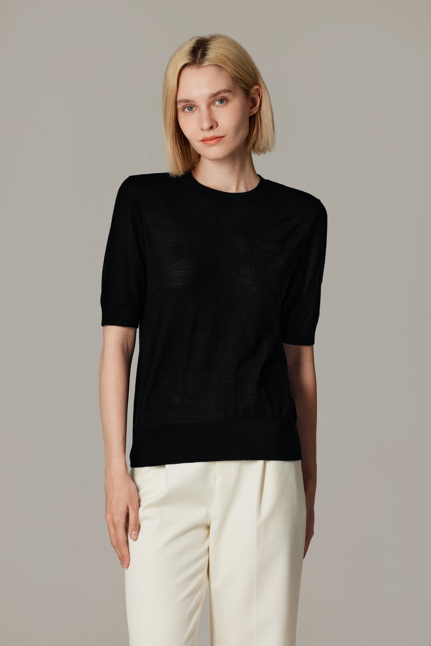 JENNIE LIU Women's Tissue Weight 75% Merino Wool 25% Silk Crew Neck Short Sleeve T Shirt Sweater | Ultra Soft Machine-Washable Sweaters for Women