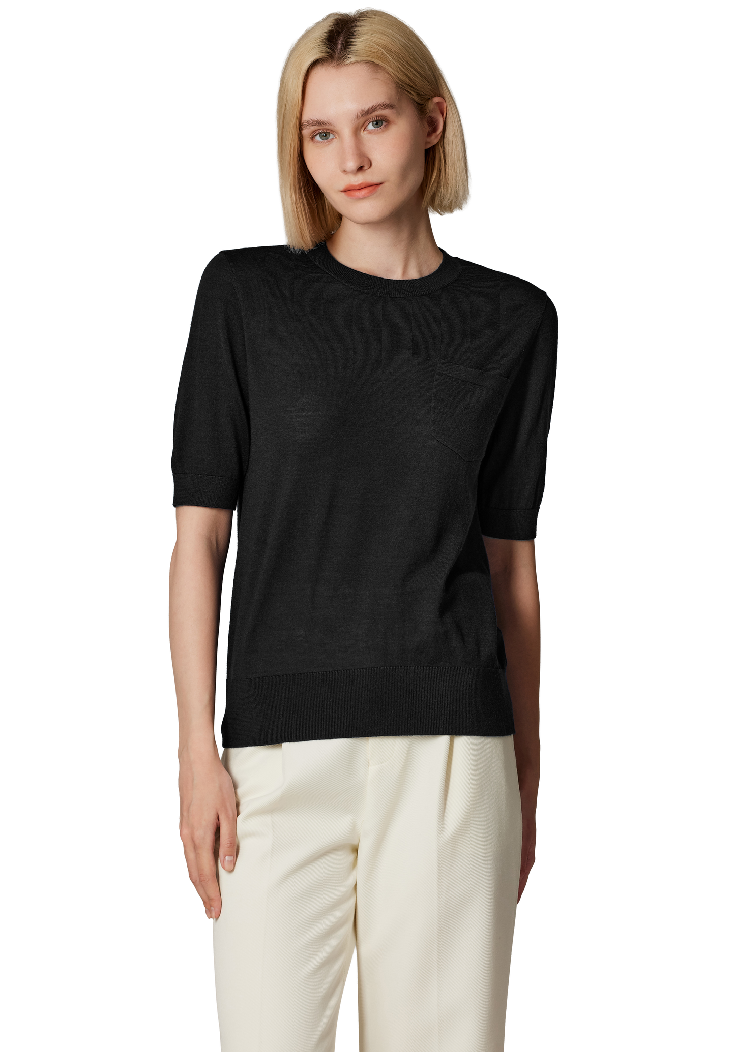 JENNIE LIU Women's Tissue Weight 75% Merino Wool 25% Silk Crew Neck Short Sleeve T Shirt Sweater | Ultra Soft Machine-Washable Sweaters for Women